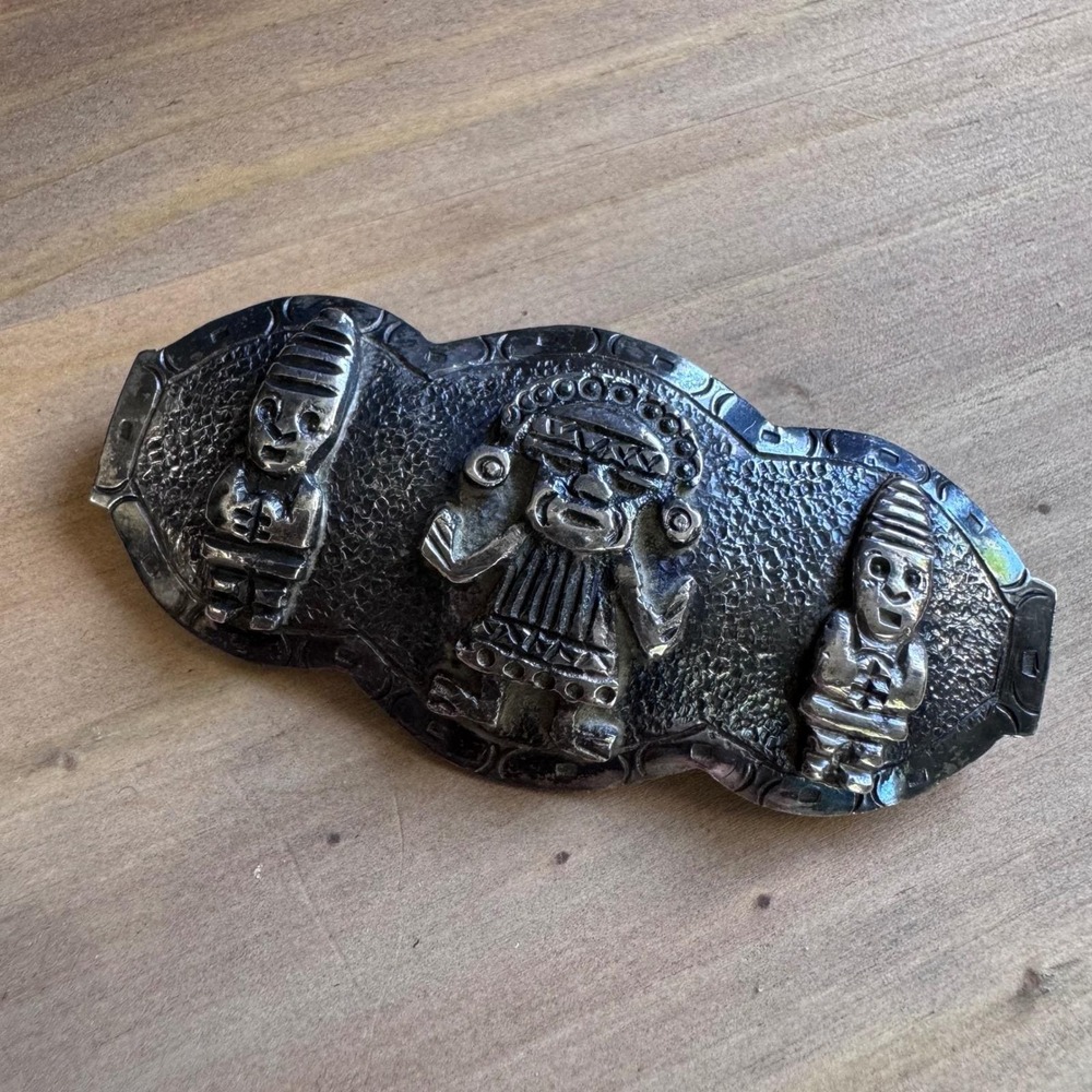 Vintage Peru 900 Silver Brooch Pre-Columbian Incan Deity Figures Leaf Hallmark